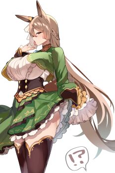  ! !? 1girl ? absurdres animal_ears black_corset black_thighhighs blush braid breasts brown_eyes brown_hair commentary_request corset dress ear_ornament freaky_satono_diamond_(meme) frills green_jacket hair_between_eyes half_up_braid high-low_skirt highres horse_ears horse_girl horse_tail jacket large_breasts long_hair long_sleeves looking_at_viewer meme multicolored_hair open_mouth satono_diamond_(natural_brilliance)_(umamusume) satono_diamond_(umamusume) simple_background sleeves_past_fingers sleeves_past_wrists smoke_klll solo speech_bubble spoken_exclamation_mark spoken_question_mark streaked_hair tail thighhighs tongue tongue_out umamusume very_long_hair white_background 