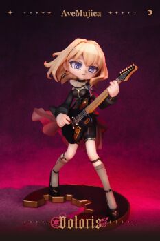  1girl :| absurdres artist_collaboration bang_dream! bang_dream!_it's_mygo!!!!! black_corset black_ribbon black_shoes black_shorts blonde_hair breasts bright_pupils brooch buttoned_cuffs buttons character_name closed_mouth clothing_cutout commentary_request copyright_name corset crescent deformed doloris_(bang_dream!) earrings electric_guitar expressionless figure_(medium) figure_stage floating_hair full_body gears gradient_background grey_socks guitar guitar_strap heel_up highres holding holding_guitar holding_instrument holding_plectrum hzzz instrument jewelry kneehighs legs_apart legwear_garter long_sleeves looking_at_viewer mary_janes medium_breasts medium_hair misumi_uika music neck_ruff photo_(medium) playing_guitar playing_instrument plectrum purple_eyes red_background ribbon rikka33 schecter_guitar shin_strap shoes shorts shoulder_cutout sleeve_cuffs socks solo standing underbust white_pupils wonder_festival 