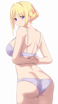  1girl arms_behind_back ass bare_arms bare_shoulders blonde_hair blue_eyes bra braid breasts butt_crack cait_aron closed_mouth from_behind hair_intakes highres looking_at_viewer looking_back medium_breasts panties princess_lover purple_bra purple_panties silvia_van_hossen simple_background solo underwear underwear_only white_background 