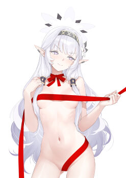  1girl black_hairband blue_archive blush breasts closed_mouth commentary cowboy_shot earrings flower gluteal_fold hair_flower hair_ornament hair_tubes hairband halo highres himari_(blue_archive) holding isokaze12 jewelry long_hair looking_to_the_side naked_ribbon navel neck_ribbon nude pointy_ears red_ribbon ribbon sidelocks simple_background small_breasts smile solo v-shaped_eyebrows very_long_hair white_background white_flower 