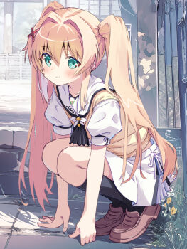 1girl akayama_yukihe arm_support ascot black_ascot black_socks blonde_hair blush brown_shoes closed_mouth commentary_request day flower full_body grass green_eyes hair_between_eyes hair_intakes hair_ornament highres kneehighs leaning_forward loafers long_hair looking_at_viewer miniskirt outdoors puffy_short_sleeves puffy_sleeves sailor_collar school_uniform serafuku shirt shoes short_sleeves sidelocks skirt smile socks solo split_mouth squatting stairs summer_pockets sweater_vest torii tsumugi_wenders twintails very_long_hair white_flower white_sailor_collar white_serafuku white_shirt white_skirt x_hair_ornament yellow_flower yellow_sweater_vest rating:General score:5 user:danbooru