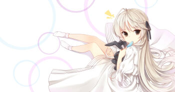 1girl annoyed antenna_hair black_ribbon brown_eyes circle dress eating food from_side full_body hair_between_eyes hair_ribbon holding holding_food holding_popsicle kasugano_sora kyuri_tizu long_hair looking_at_viewer looking_back no_shoes popsicle puffy_short_sleeves puffy_sleeves ribbon shadow short_sleeves sitting socks solo straight_hair stuffed_animal stuffed_rabbit stuffed_toy very_long_hair white_background white_dress white_hair white_socks yosuga_no_sora rating:Sensitive score:7 user:danbooru