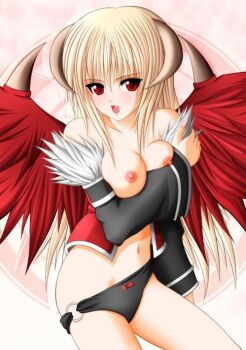  1girl black_panties blonde_hair breasts demon demon_girl fangs feathers female_focus horns long_hair open_mouth panties ragnarok_online red_eyes red_wings solo underwear wings  rating:Explicit score:9 user:DukeOfTheBump