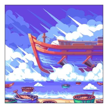  blue_sky boat border bucket cloud cloudy_sky day highres no_humans ocean original outdoors pixel_art sand sgampagani sky starfish watercraft white_border 