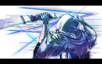  1girl back_bow blue_bow bow commentary_request dihui_star ehdbs1198 from_behind gloves holding holding_sheath holding_sword holding_weapon hood hood_up korean_commentary letterboxed limbus_company long_sleeves project_moon scabbard sheath sheathing shiomi_yoru_(project_moon) simple_background slashing solo sword upper_body weapon white_background white_gloves wide_sleeves 