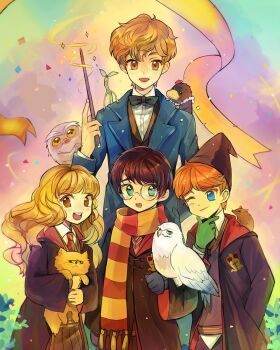  1girl 4boys bird blue_eyes bow bowtie bowtruckle brown_eyes brown_hair cat crest crookshanks demiguise fantastic_beasts_and_where_to_find_them glasses gloves green_eyes green_gloves harry_potter harry_potter_(series) hat hedwig hermione_granger highres mouse_(animal) multiple_boys necktie newt_scamander niffler one_eye_closed open_mouth orange_hair owl pleated_skirt robe ron_weasley scabbers scarf school_uniform skirt smile striped_clothes striped_neckwear striped_scarf time_paradox vest waistcoat wand wink wizarding_world  rating:General score:3 user:nrt