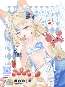  1girl :d ahoge animal_ear_fluff animal_ears argyle_background artist_name bare_shoulders bikini blue_eyes blue_hair blue_nails blue_scrunchie border breasts brown_hair cat_ears character_name commentary_request facebook_logo fang frilled_bikini frills hair_intakes hand_up indie_virtual_youtuber instagram_logo logo_request long_hair looking_at_viewer low_twintails lunacats maid_headdress multicolored_hair nail_polish navel open_mouth qr_code sameko_saba scrunchie signature small_breasts smile solo streaked_hair striped_bikini striped_clothes swimsuit twintails twitter_x_logo very_long_hair virtual_youtuber white_border wrist_scrunchie 