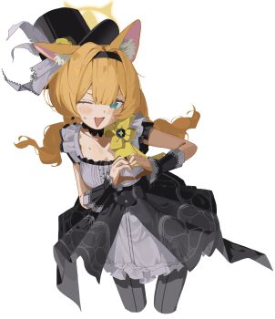  1girl absurdres animal_ear_fluff animal_ears black_headband black_overskirt blue_archive blue_eyes choker dress flower fluffy_hair frilled_choker frills grey_dress grey_feathers halo hat hat_flower headband healthy_farm1 heart heart_hands highres idol idol_clothes low_twintails mari_(blue_archive) mari_(idol)_(blue_archive) mini_hat mini_top_hat official_alternate_costume orange_hair rose smile solo sweat top_hat twintails white_background wrist_wrap yellow_flower yellow_halo yellow_rose 