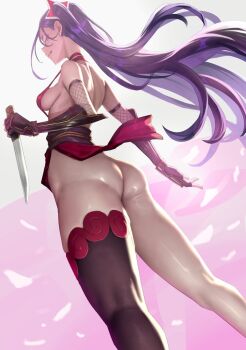  1girl arata_yui arm_guards ass bare_shoulders black_gloves breasts brown_thighhighs dress elbow_gloves eu03 fingerless_gloves fishnets gloves knife licking_lips long_hair looking_at_viewer mahou_shoujo_(raita) medium_breasts ninja obi pelvic_curtain purple_eyes purple_hair red_dress sash short_dress sideboob single_thighhigh smile solo thighhighs thighs tongue tongue_out twintails 