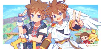  >_< 1girl 3boys animal_crossing arm_up ball belt black_bridal_gauntlets blue_belt blue_eyes border bowling_ball bracer bridal_gauntlets brown_eyes brown_hair building closed_mouth cloud cowboy_shot crown_necklace dot_nose double-parted_bangs furry furry_female hair_between_eyes holding holding_ball hood hood_down hooded_jacket isabelle_(animal_crossing) jacket jewelry keyblade kid_icarus kingdom_hearts laurel_crown male_focus multiple_boys necklace nintendo open_mouth outside_border pit_(kid_icarus) red_shirt robe shirt short_sleeves sky smile sora_(kingdom_hearts) super_smash_bros. tree v villager_(animal_crossing) weapon white_border white_robe wusagi2 