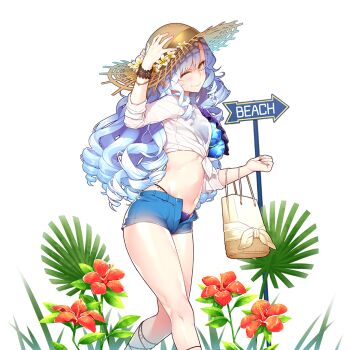  1girl bag bikini blue_hair blue_shorts breasts closed_mouth commentary_request flower giuniu hand_on_own_hat hat hibiscus highleg highleg_bikini large_breasts long_hair midriff one_eye_closed print_bikini queen_mary_(uchihime) see-through_clothes see-through_shirt shirt short_shorts shorts straw_hat swimsuit uchi_no_hime-sama_ga_ichiban_kawaii wavy_hair yellow_eyes 