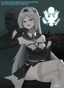  absurdres bite_mark bite_mark_on_neck black_dress black_gloves black_sleeves blood breasts cleavage dress english_text eye_of_providence gloves great_seal_of_the_united_states green_eyes hearts_of_iron highres legarde1307 long_hair navel original personification pointy_ears sidelocks small_breasts socks the_fire_rises vampire white_hair white_socks 