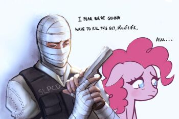  1boy animal artemis_(arte_midis) bandaged_hand bandaged_head bandages blush closed_eyes closed_mouth cocking_gun collared_shirt commentary crossover english_commentary english_text fallout fallout:_new_vegas finger_on_trigger grey_background gun handgun highres holding holding_gun holding_weapon horse i_think_we're_gonna_have_to_kill_this_guy_steven_(meme) joshua_graham m1911 meme my_little_pony my_little_pony:_friendship_is_magic pinkie_pie puffy_short_sleeves puffy_sleeves shirt short_sleeves simple_background upper_body weapon white_shirt 