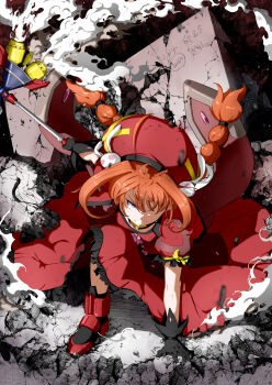  ban_(777purin) black_gloves blue_eyes braid clenched_teeth dated debris determined dress gloves gothic_lolita graf_eisen hat hat_ornament highres lolita_fashion long_hair looking_at_viewer lyrical_nanoha magical_girl mahou_shoujo_lyrical_nanoha mahou_shoujo_lyrical_nanoha_a's mahou_shoujo_lyrical_nanoha_strikers rabbit_hat_ornament red_dress red_hair signature teeth twin_braids twintails vita_(nanoha) 