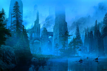  boat canoe castle cloud cloudy_sky commentary english_commentary flock fog forest highres lake landscape nature oar original outdoors raphael-lacoste reflection reflective_liquid rock ruins scenery signature sky tower tree watercraft 