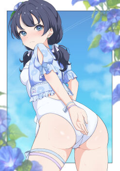 1girl absurdres ass black_hair blue_eyes blue_flower blue_jacket blue_sky blurry blush border breasts commentary_request covering_ass covering_privates depth_of_field flower hair_flower hair_ornament hair_ribbon highres jacket link!_like!_love_live! looking_at_viewer love_live! medium_breasts murano_sayaka one-piece_swimsuit outdoors ribbon scowl sidelocks sky solo standing swimsuit thigh_strap trefoil twintails v-shaped_eyebrows virtual_youtuber white_border white_one-piece_swimsuit zanpon