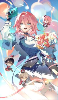  2boys 2girls arm_up ascot balloon belt black_belt black_boots black_gloves black_hair black_pants black_skirt blue_choker blue_eyes blue_flower blue_jacket blue_skirt blue_sky blurry blurry_background boots bouquet breasts buttons caelus_(honkai:_star_rail) camera choker closed_mouth collarbone collared_shirt commentary_request cosplay cowboy_shot crossed_arms dan_heng_(honkai:_star_rail) dan_heng_(hunt)_(honkai:_star_rail) day dual_persona earrings flower flower_ornament fur-trimmed_jacket fur_collar fur_trim gloves gradient_sky green_eyes grey_hair hair_between_eyes hand_up hat headphones highres holding holding_bouquet holding_camera honkai:_star_rail honkai_(series) jacket jewelry korean_commentary long_sleeves looking_at_object looking_at_viewer looking_up march7thonly march_7th_(honkai:_star_rail) march_7th_(preservation)_(honkai:_star_rail) medium_breasts microphone mini_person miniboy minigirl miniskirt multicolored_eyes multiple_boys multiple_girls open_clothes open_jacket open_mouth outdoors pants pantyhose partially_fingerless_gloves peaked_cap pink_eyes pink_hair pink_pupils pleated_skirt pom-pom_(honkai:_star_rail) pom-pom_(honkai:_star_rail)_(cosplay) puffy_long_sleeves puffy_sleeves red_flower red_hat red_jacket red_ribbon ribbon rose shirt shoes short_hair sidelocks single_earring sitting skirt sky smile standing tape teeth thigh_strap tied_jacket tongue top_hat trailblazer_(honkai:_star_rail) white_ascot white_flower white_pantyhose white_rose white_shoes yellow_eyes yellow_flower 