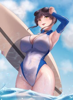  1girl absurdres adjusting_eyewear arm_up armpits bare_shoulders bbonk64 black-framed_eyewear blue_one-piece_swimsuit blue_sky breasts brown_hair caustics chaos_zero_nightmare cloud commentary covered_navel cowboy_shot day detached_sleeves earrings eyebrow_piercing eyewear_on_head face_piercing from_below green_eyes groin hand_on_eyewear hand_up highres holding holding_surfboard jewelry large_breasts long_sleeves looking_at_viewer mole mole_under_mouth one-piece_swimsuit outdoors parted_lips piercing raised_eyebrows short_hair sideboob sidelocks sky smile solo sparkle standing sunglasses surfboard swimsuit teeth tongue tongue_out tongue_piercing two-tone_one-piece_swimsuit upper_teeth_only wading water wet wet_clothes wet_swimsuit white_one-piece_swimsuit yuki_(chaos_zero_nightmare) 