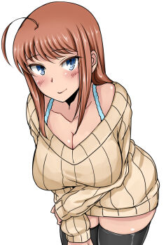  1girl ahoge black_thighhighs blue_eyes blush breasts brown_hair cleavage female_focus highres large_breasts leaning_forward looking_at_viewer maru_(maruttona) minoru_oba off_shoulder original ribbed_sweater simple_background smile solo sweater thighhighs white_background zettai_ryouiki 