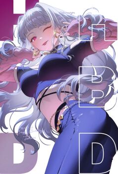  1girl ;p arm_warmers ass birthday black_nails black_pants breasts butterfly_necklace chain chain_necklace character_name dated earrings fingernails from_below from_side grey_hair happy_birthday highres hip-hop_woman_(idolmaster) hoop_earrings idolmaster idolmaster_(classic) idolmaster_million_live! idolmaster_million_live!_theater_days jewelry large_breasts long_hair looking_at_viewer looking_to_the_side mimizubare nail_polish necklace official_alternate_costume one_eye_closed pants pink_eyes shijou_takane solo standing tongue tongue_out twitter_username 