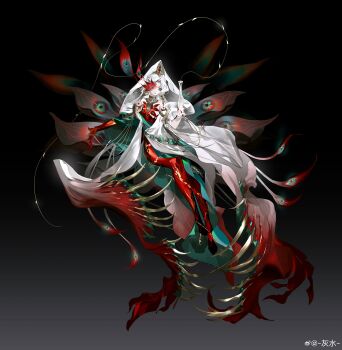  1girl absurdres aqua_eyes bare_shoulders bell bell_earrings black_background bodysuit bodysuit_under_clothes bound bound_legs brooch chain chinese_clothes chinese_commentary closed_mouth commentary_request curtained_hair earrings extra_eyes eyeshadow fingernails full_body gloved_sleeves gradient_background green_eyes green_hanfu green_robe grey_background hanfu headdress highres holding_vase huibuxing jewelry long_fingernails long_hair looking_at_viewer magatsugami_(onmyoji) makeup one_eye_covered onmyoji open_clothes open_hand open_robe parted_bangs petals plant red_bodysuit red_eyeshadow red_nails red_petals ring robe side_slit single_sleeve solo string third_eye_on_chest two-tone_robe veil venus_flytrap vines watermark weibo_watermark white_hair white_hanfu white_robe white_veil wide_sleeves wing_brooch 