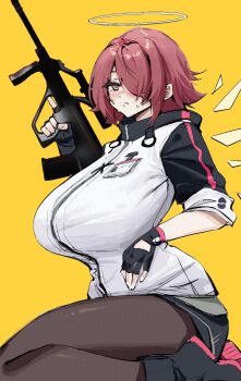  1girl alternate_breast_size arknights assault_rifle blush brown_pantyhose bullpup exusiai_(arknights) gun highres ikamochi_kalong lactation looking_at_viewer nipples pantyhose red_hair rifle shoes simple_background sitting solo steyr_aug weapon yellow_background 