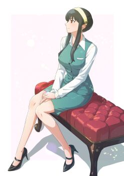  1girl black_hair breasts business_suit earrings formal_clothes gold_earrings hairband highres hutarikiri2025 jewelry large_breasts long_hair office office_lady pencil_skirt red_eyes shirt_tucked_in sidelocks skirt skirt_suit smile solo spy_x_family suit white_hairband yor_briar 