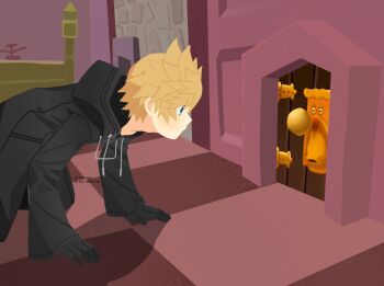  1boy alice's_adventures_in_wonderland all_fours black_gloves black_robe blonde_hair blue_eyes checkered_floor doorknob gloves highres hood hood_down hooded_robe indoors kingdom_hearts kingdom_hearts_ii looking_at_another male_focus robe roxas short_hair spiked_hair twitter_username yomyompi 