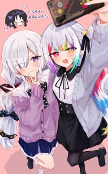  3girls :d :i alternate_costume alternate_hairstyle black_pantyhose black_skirt blue_skirt commentary_request frilled_skirt frills grey_sweater hair_over_one_eye hairstyle_switch heterochromia highres holding holding_phone housho_margo jogasaki_noah mahou_shoujo_no_majo_saiban multi-tied_hair multicolored_hair multiple_girls natsume_an-an open_mouth pantyhose phone pink_background purple_eyes purple_sweater red_eyes selfie shirt simple_background skirt sleeves_past_wrists smile socks standing standing_on_one_leg sweater taimu_(htrgt_31) twintails v white_hair white_shirt white_socks yellow_eyes 