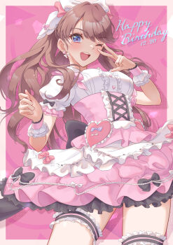  1girl ;d absurdres breasts brown_hair center_frills commentary corset cross-laced_clothes cross-laced_corset dated frilled_shirt frilled_thigh_strap frills fujishima_megumi hair_intakes happy_birthday highres kobassy link!_like!_love_live! long_hair looking_at_viewer love_live! medium_breasts miniskirt one_eye_closed open_mouth pink_corset pink_skirt puffy_short_sleeves puffy_sleeves purple_eyes shirt short_sleeves skirt smile solo teeth thigh_strap two_side_up underbust upper_teeth_only white_shirt yappa_tenshi! 
