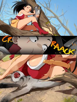  1girl accident animal bare_arms bare_legs bare_shoulders belt black_eyes black_hair blue_sky boku_no_hero_academia book boots branch breasts cameltoe cat center_opening chest_belt cleavage climbing climbing_tree collar day falling grass grey_fur high_collar high_heels holding holding_animal holding_cat khyle. large_breasts legs leotard lying lying_on_animal matching_hair/eyes meme nervous nervous_smile nervous_sweating nipples no_bra on_ground on_stomach outdoors parody ponytail red_boots red_collar red_heels red_leotard scratches screaming sitting_on_branch sky sleeveless smile sound_effects superhero_costume surprised sweat sweatdrop teeth thick_thighs thighs tongue tree utility_belt whiskers yaoyorozu_momo  rating:General score:34 user:B-B-B_25