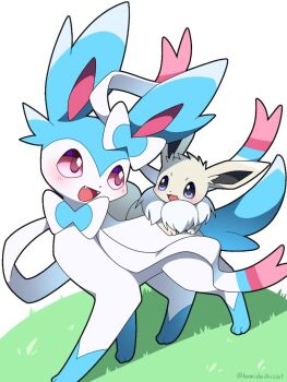  alternate_color blue_eyes blush commentary_request eevee fangs gen_1_pokemon gen_6_pokemon grass hamidashicat lying nintendo no_humans on_back pink_eyes pokemon pokemon_(creature) pokemon_focus shadow shiny_pokemon smile standing sylveon white_background 