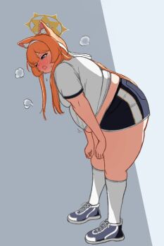  1girl animal_ear_fluff animal_ears blue_archive blue_eyes blue_shoes blue_shorts blush breasts fat fat_woman from_side gym_shorts gym_uniform halo hands_on_own_legs kneehighs leaning_forward long_hair mari_(blue_archive) mari_(track)_(blue_archive) midriff midriff_peek muffin_top one_eye_closed open_mouth orange_hair shirt shoes short_shorts shorts sidelocks small_breasts sneakers socks solo sweat t-shirt thick_thighs thighs tight_clothes wawawaltz white_shirt white_socks 