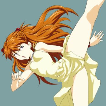  1girl :o amondetauro ass bare_arms bare_legs bare_shoulders blue_eyes brown_hair dress hair_ornament highres interface_headset_(evangelion) kicking leg_up legs_apart long_hair looking_to_the_side neon_genesis_evangelion open_mouth shiny_skin simple_background solo souryuu_asuka_langley standing standing_on_one_leg sundress twintails very_long_hair yellow_dress  rating:Sensitive score:122 user:fakyuh