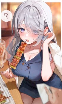 1girl ? alcohol belt blue_belt blue_dress blue_eyes blurry blurry_foreground blush breasts brown_coat cleavage coat coat_on_shoulders commentary_request depth_of_field dress earrings eyes_visible_through_hair flower_earrings food food_on_clothes grey_hair hair_over_one_eye highres holding holding_food indoors jewelry long_hair looking_at_viewer monoto necklace office_lady original pov sitting solo_focus spoken_question_mark tucking_hair yakitori 
