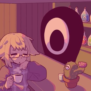  1girl arm_support bar_(place) bespectacled black_sweater cactus closed_eyes closed_mouth commentary creature cup dot_mouth english_commentary expressionless flask gama_(chioko0_0) glass glasses grey_sweater_vest grey_vest hair_flaps highres holding holding_cup in-universe_location indoors long_sleeves plaid_clothes plaid_sweater_vest plaid_vest plant potted_plant short_hair sidelocks sitting solo sweater sweater_vest teacup turtleneck turtleneck_sweater upper_body urotsuki vest yume_2kki 