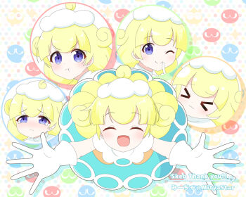  >_< 1girl :d :t ;) ^_^ blonde_hair blue_dress blush closed_eyes closed_mouth commentary_request commission dress marle_(puyopuyo) mitya multiple_views one_eye_closed open_mouth polka_dot polka_dot_background pout purple_eyes puyopuyo puyopuyo_tetris_2 skeb_commission smile tears twitter_username white_background 