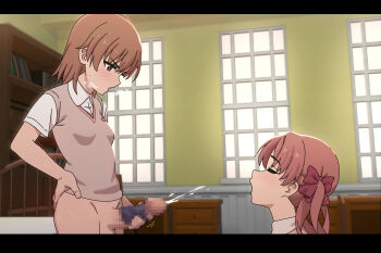 1futa 1girl bottomless bow breasts brown_eyes brown_hair brown_sweater_vest censored closed_eyes collared_shirt commentary cum ejaculation english_commentary futa_with_female futanari hair_bow heavy_breathing highres indoors kneeling long_hair masturbation masturbation_with_panties medium_hair misaka_mikoto mosaic_censoring open_mouth paid_reward_available panties panties_on_penis penis red_bow school_emblem school_uniform shirai_kuroko shirt short_sleeves sleepy_frippy small_breasts standing summer_uniform sweat sweater_vest testicles toaru_kagaku_no_railgun toaru_majutsu_no_index tokiwadai_school_uniform twintails underwear waiting_for_cum white_shirt rating:Explicit score:316 user:danbooru