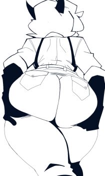 1girl ass ass_focus ass_lift demon_horns dmez from_behind from_below gloves greyscale highres horns medium_hair monochrome original pants simple_background solo suspenders white_background rating:Sensitive score:11 user:danbooru