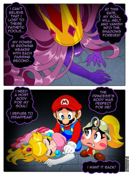  blonde_hair blue_eyes blush boots breasts cleavage collar colored_skin commentary crown curly_hair dress earrings elbow_gloves english_commentary english_text facial_hair gloves goombella hat jewelry knockout long_hair mario mario_(series) multiple_girls mustache nico-neko nintendo non-web_source open_mouth paper_mario paper_mario:_the_thousand-year_door pink_hair ponytail princess_peach purple_skin shadow_queen simple_background teeth white_gloves worried 