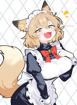 1girl absurdres animal_ear_fluff animal_ears apron black_dress blonde_hair commentary_request commission cowboy_shot dotted_line double-parted_bangs dress english_text engrish_text fang fox_ears fox_girl fox_tail gosu_mei_(sakifox) hair_between_eyes hand_on_own_chest highres long_sleeves looking_at_viewer maid maid_apron maid_headdress miketsushuu notice_lines open_mouth original puffy_long_sleeves puffy_sleeves ranguage short_hair skeb_commission skin_fang smile solo tail thick_eyebrows white_background yellow_eyes 