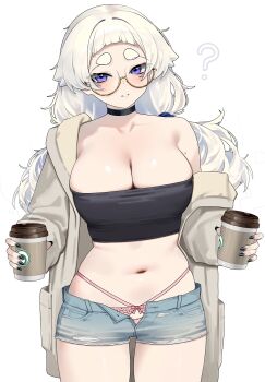  1girl ? bandeau bare_shoulders black_bandeau black_choker black_nails blue_shorts breasts choker cleavage collarbone commentary cowboy_shot cup denim denim_shorts drinking_glass glasses highres holding holding_cup jacket large_breasts long_hair looking_at_viewer meg_(wakamepiza) midriff mole mole_on_shoulder nail_polish navel off_shoulder open_clothes open_fly open_jacket original panties parted_lips pink_panties purple_eyes round_eyewear semi-rimless_eyewear short_shorts shorts simple_background skindentation solo stomach strapless taut_bandeau taut_clothes thick_eyebrows thighhighs torn_clothes torn_shorts tube_top under-rim_eyewear underwear untranslatable_commentary wakamepiza white_hair white_jacket white_thighhighs  rating:Sensitive score:5 user:danbooru
