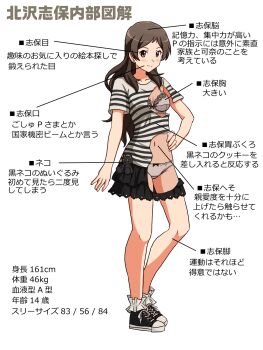  1girl black_shirt black_shoes black_skirt bobby_socks bow bow_bra bra breasts brown_eyes brown_hair commentary crotch_seam frilled_skirt frills full_body grey_bra grey_panties hand_on_own_hip highres idolmaster idolmaster_million_live! kitazawa_shiho lace lace-trimmed_bra lace_trim layered_skirt lielos long_hair looking_at_viewer medium_breasts miniskirt navel panties pointing_out_the_details shirt shoes short_sleeves skirt sneakers socks solo standing striped_clothes striped_shirt stuffed_animal stuffed_cat stuffed_toy t-shirt translated underwear white_background white_socks x-ray 