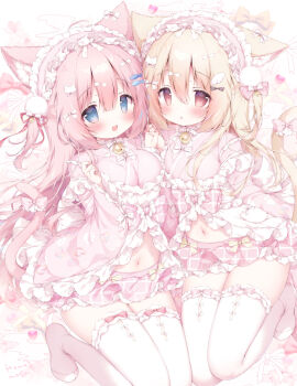 2girls animal_ear_fluff animal_ears bell black_bow blonde_hair blue_eyes blush bow bowtie breasts cat_ears cat_girl cat_hair_ornament cat_tail commentary_request fish_hair_ornament hair_between_eyes hair_bow hair_ornament hair_ribbon hand_up heart highres japanese_clothes jumping kimono large_breasts long_sleeves maid maid_headdress matching_outfits miniskirt momozu_komamochi multiple_girls navel neck_bell nekoko_(momozu_komamochi) no_shoes open_mouth original parted_lips petticoat pink_bow pink_hair pink_kimono pink_skirt pink_theme plaid_clothes plaid_skirt pleated_skirt pocket pom_pom_(clothes) pom_pom_hair_ornament red_eyes red_ribbon ribbon skirt small_breasts smile tail tareme thighhighs two_side_up vanilla_(momozu_komamochi) wa_maid white_bow white_bowtie white_thighhighs wide_sleeves wing_hair_ornament 