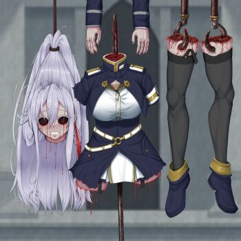  1girl 86_-eightysix- ahoge amputee bad_end black_leggings blood blood_from_mouth blood_on_face bloody_tears boots breasts clenched_teeth death decapitation empty_eyes female_focus garter_straps guro hair_between_eyes high_heel_boots high_heels hook large_breasts leggings long_hair military_uniform multicolored_hair severed_head severed_limb skewer streaked_hair suspension teeth very_long_hair vladilena_millize white_hair yume_cma 