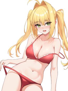  1girl absurdres ahoge blonde_hair blush bra breasts chinese_commentary commentary_request fate/extra fate_(series) green_eyes hair_intakes highres large_breasts long_hair navel nero_claudius_(fate) panties red_bra red_panties shenqi_xiao_hong_zai_nali simple_background solo stomach strap_slip thighs twintails underwear white_background 