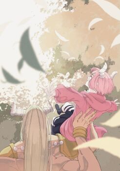  absurdres blonde_hair closed_eyes commentary_request demon demon_boy demon_girl demon_horns divine_revolte_(sousou_no_frieren) fujimoto_kouki highres horns jacket jung_(sousou_no_frieren) long_hair muscular muscular_male open_mouth pink_hair pink_jacket pointy_ears short_hair sousou_no_frieren 