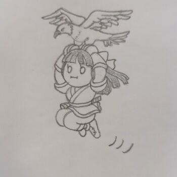 1girl ainu_clothes arms_up black_hair breasts chibi fingerless_gloves flying gloves legs long_hair mamahaha medium_breasts monochrome nakoruru pants pout samurai_spirits sketch snk the_king_of_fighters thighs traditional_media weapon white_eyes