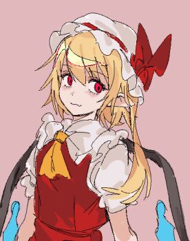  1girl ascot blonde_hair bow closed_mouth collared_shirt crystal_wings empty_eyes fang flandre_scarlet frills hair_between_eyes hat hat_bow long_hair looking_ahead mob_cap pointy_ears puffy_short_sleeves puffy_sleeves purple_background quatro10257041 red_bow red_eyes red_skirt red_vest shirt short_sleeves side_ponytail simple_background skin_fang skirt skirt_set smile solo touhou upper_body vest white_hat white_shirt wings yellow_ascot 