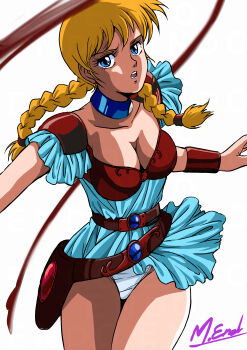  1girl absurdres armor artist_name belt blonde_hair blue_choker blue_eyes blue_gem breasts brown_armor brown_belt choker cleavage commentary_request cowboy_shot doris_lang dress gem highres holding holding_whip looking_at_viewer masaaki_endo medium_breasts medium_hair open_mouth panties short_dress shoulder_armor signature simple_background solo standing thighs twintails underwear vampire_hunter_d white_background white_dress white_panties 